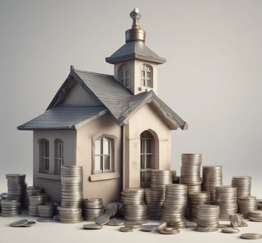 A calm office scene with a mortgage broker discussing loan options with a couple, surrounded by earthy blue decor.