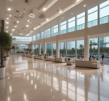A modern hospital corridor with medical engineers inspecting equipment, showcasing professionalism and care.