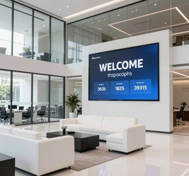 Clean, bright photography of a modern Indonesian tech office lobby. Sleek white furniture, glass walls, and a large digital welcome screen. Sophisticated and minimalist.