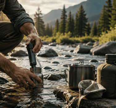 A hiker uses a portable water filter to purify river water while camping in the mountains.