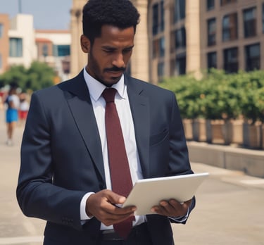 Close-up of hands filling out embassy forms with Eritrean flag in the background.