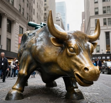 A confident bull statue overlooking a bustling city skyline at sunrise