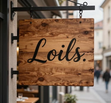 A close-up of a rustic wooden sign outside a modern restaurant. The sign has elegant typography. The blurred background shows a cozy European street.
