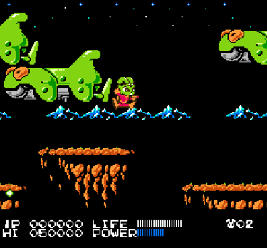 Classic 8-bit Bucky O'Hare NES gameplay featuring pixel art space combat and platforming levels.