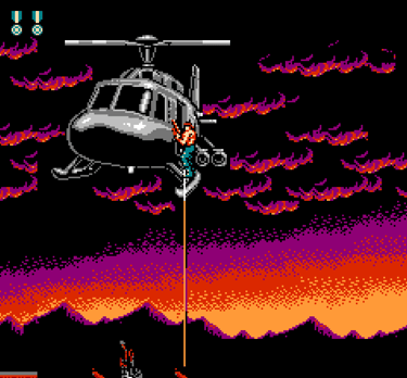 Classic 8-bit retro gaming scene of a soldier rappelling from a military helicopter at sunset.