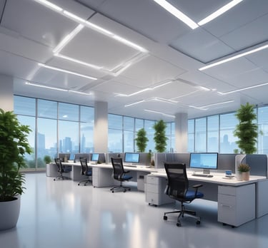 A sleek, modern office environment with professionals collaborating, reflecting corporate services.