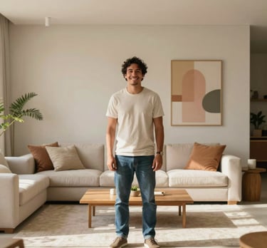 A smiling architect standing in a beautifully designed, minimalist living room. Light beige and salmon tones. South American &amp;#x2F; Brazilian setting, sunny day.