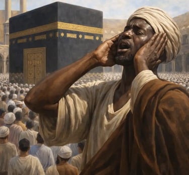 Illustration of Bilal ibn Rabah calling the Adhan near the Kaaba, proclaiming the Shahada in the first Islamic call to prayer
