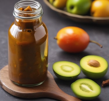 Close-up macro shot of a fiery red mango pickle jar glowing under neon lime light