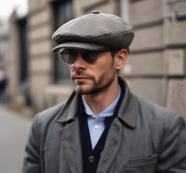 A charming vintage-style cap for adults displayed on a mannequin head with a backdrop of Boston cityscape.