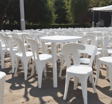 A display of durable plastic chairs and tables set up for a casual outdoor gathering on a wooden deck.