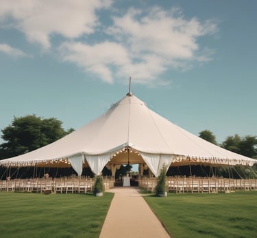 A beautifully set wedding tent with soft lighting and elegant drapes, capturing a romantic outdoor celebration.