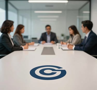 A modern meeting room in a Latin American office with a glass wall. A team is visible in the background, out of focus, while the foreground shows a clean table with a logo icon.
