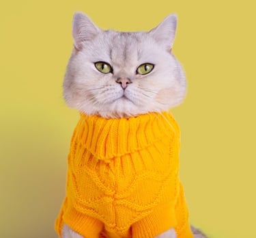 A light grey British Shorthair cat wearing a cozy yellow cable-knit sweater against a yellow background.