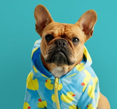 perrito con chamarra azul estampado de patitos