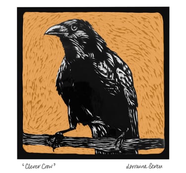 Open edition coloured giclee print of a clay tile featuring a crow