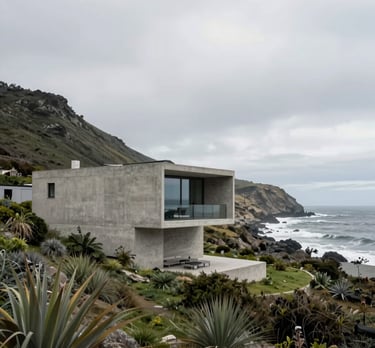 Wide shot of a modern Chilean coastline with a minimalist concrete house integrated into the landscape, overcast lighting.