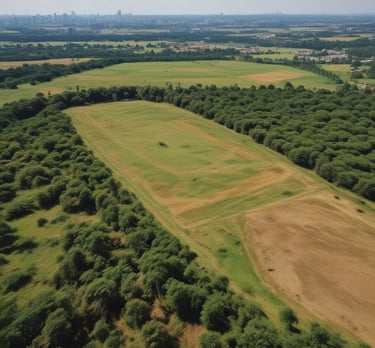 Open land with flat terrain and a dirt road leading into the distance.