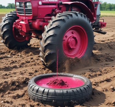 Close-up of a tractor tire filled with liquid tire ballast, parked on a farm field.