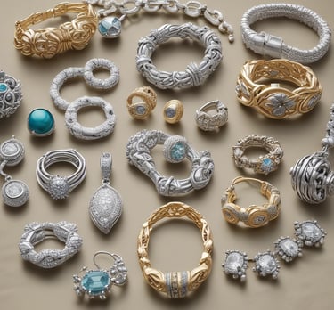Rows of vintage jewelry and watches displayed in glass cases.