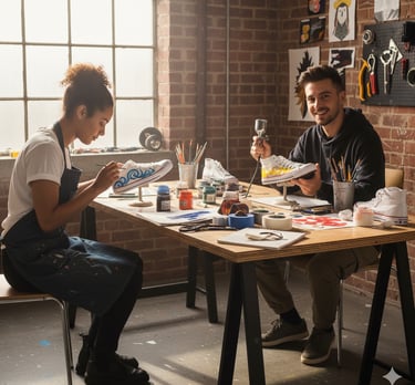 deux personnes dans un atelier de customisation de leurs chaussures. Peinture à la main,, art et créations sur mesure