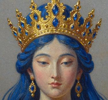 Close-up of a detailed oil painting showing the intricate golden patterns and deep blue textures of a majestic goddess's crown, rich canvas grain, soft side lighting