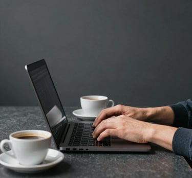 An agency team member typing on a laptop with a cup of coffee nearby, dark slate gray background, cozy scandinavian aesthetic.