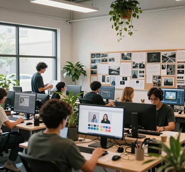 A wide shot of a brightly lit, collaborative North American creative studio with mood boards, high-definition monitors, and greenery, in an international setting.