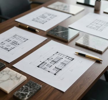 A professional overhead shot of a corporate boardroom table with architectural drawings, marble samples, and gold pens. Global Professional / International.