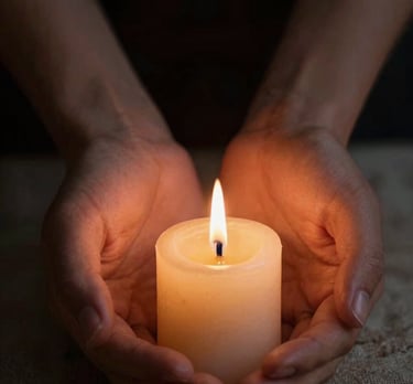 Extreme close-up of a single beeswax candle flame in deep near-black darkness, a pair of bare hands cupped just below the flame on aged linen cloth, soft amber light pooling on the skin, no background detail, nocturnal and contemplative