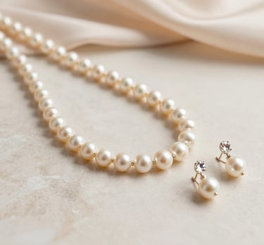A close-up shot of a delicate pearl necklace resting on a soft linen fabric.