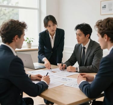 An elegant business meeting in a bright French office. Professional individuals are discussing a storyboard. High-end, clean environment.