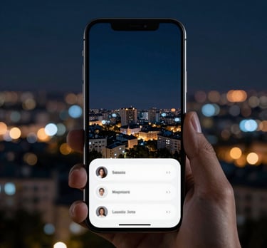 A portrait-style shot of a modern smartphone showing a fluid UI transition. The backdrop is a blurred Kyiv cityscape at night, with dark navy blue and light blue bokeh effects. High-end lifestyle photography.