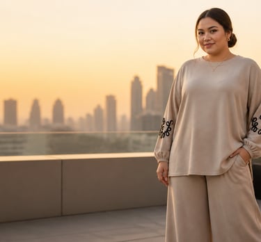 A woman wearing a beige modest lounge set on a rooftop terrace at sunset with a city skyline background.