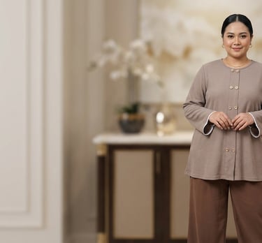 A woman in a stylish brown modest blouse and wide-leg trousers posing in a modern living room.