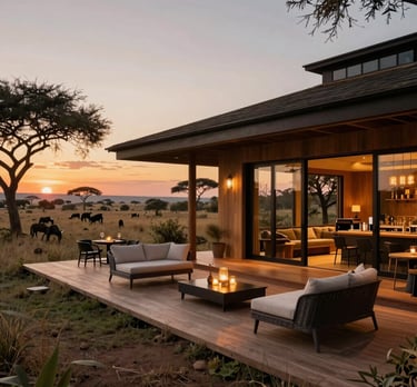 A breathtaking African safari scene with elephants crossing a golden savannah under a deep blue sky