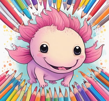 A whimsical illustration of a playful axolotl in chibi style surrounded by coloring pencils