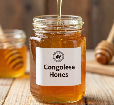 Golden pure honey dripping from a wooden dipper into a glass jar, set against a natural wooden surface.