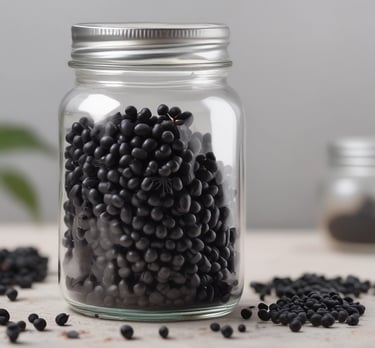 Close-up of elegant nigella seed capsules surrounded by delicate gold droplets.