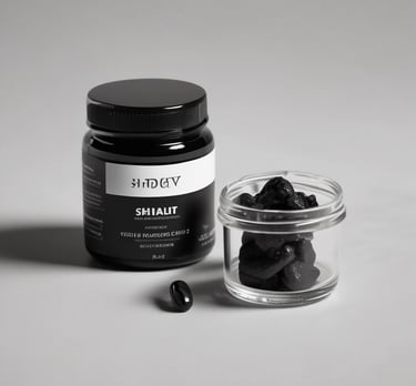 Shilajit resin in a pristine jar with a backdrop of luminous golden vapor drops.