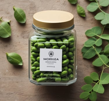 Rich green moringa leaves with golden light reflecting off fine perfume spray droplets.