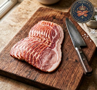 10 slices of premium unsmoked bacon on wooden board