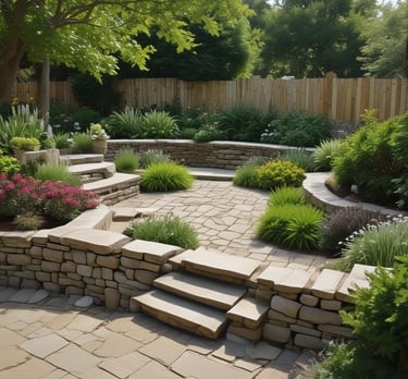A newly constructed stone pathway winding through a landscaped garden.