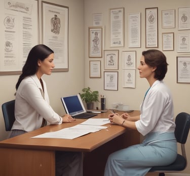 A health coach reviewing data with a smiling client in a bright, modern setting.