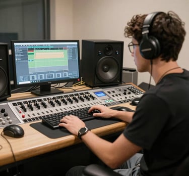 Close-up of a music producer analyzing sound waves on a dark studio screen.