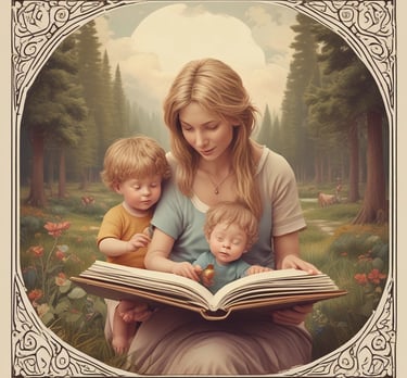 a woman reading a book while holding a baby