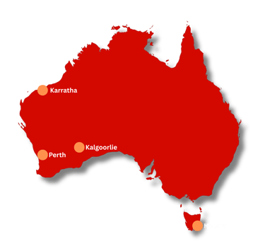 map of australia with cities marked karratha, kalgoorlie, hobart and perth