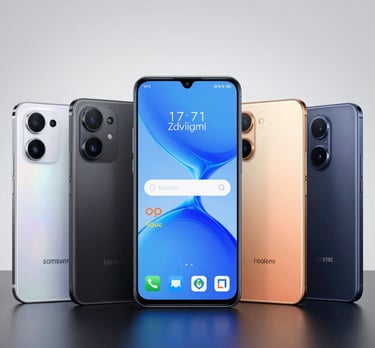 A vibrant display of various Android smartphones from Samsung, Motorola, Realmi, Xiaomi, Poco, and Infinix arranged on a sleek wooden table.