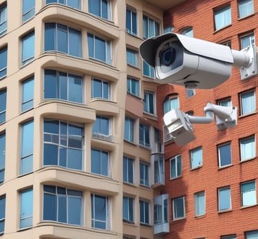 Modern security camera mounted on a building exterior at sunset
