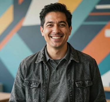 A portrait of a founder in a tech-casual North American outfit, smiling in front of a modern mural. Efficient, trustworthy, and forward-thinking energy.
